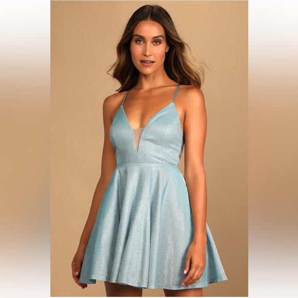 NWT Lulus Sparkle of Your Eye Light Blue Sleeveless Mini Skater Dress size S - Picture 3 of 6